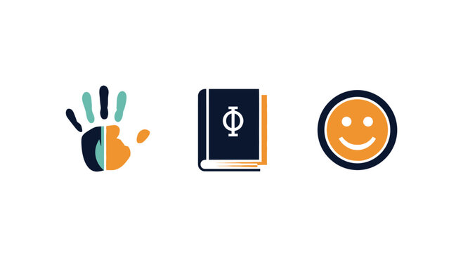 Icons: Handprint, Book with Phi symbol, Smiley face on white background