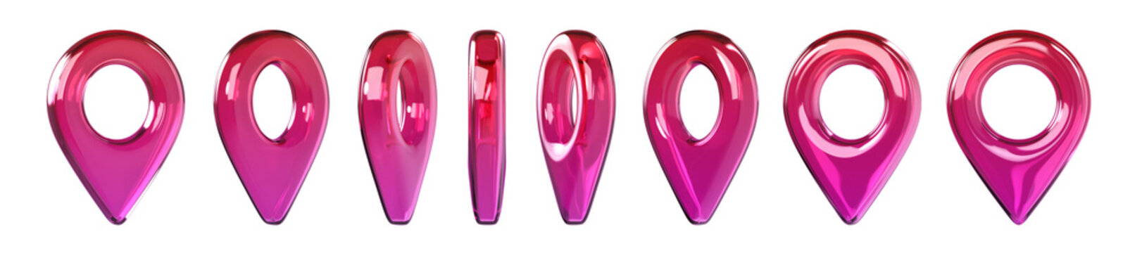 Set of glossy pink 3D map location pin icons in different views. Transparent glass or plastic navigation markers isolated on background for GPS, map, travel and UI design. 3d render.
