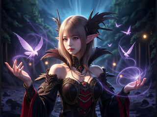 Fototapeta premium 魔法を詠唱しているエルフの黒魔導士