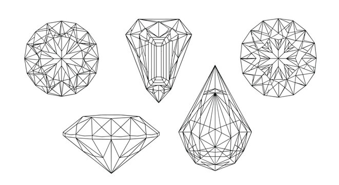 Collection of geometric diamond cut diagrams displaying various gemstone shapes including round brilliant and pear facets.