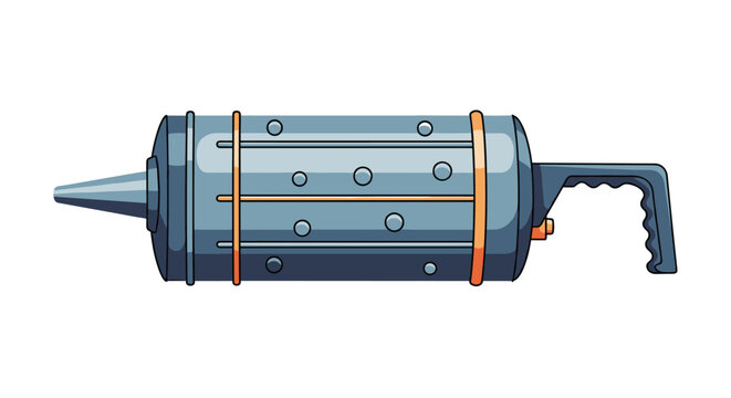 Industrial grease gun tool featuring a grey metallic cylindrical body with a black handle and a tapered nozzle applicator.