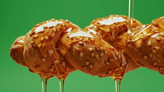 Moroccan Chebakia Sweet Pastry Drizzled With Golden Honey And Sesame Seeds On A Vibrant Green Screen Background Close Up Macro