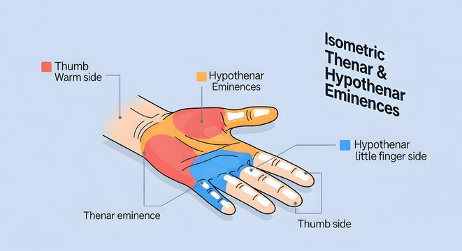 Illustration of isometric thenar and hypothenar eminences on human hand with color coded areas representing thumb and little finger sides