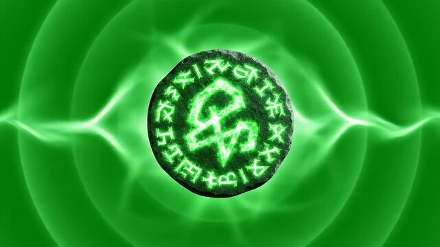 Mysterious Ancient Rune Stone with Glowing Green Energy and Concentric Circles in a Cosmic Background