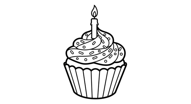 Birthday cupcake with candle and sprinkles, black and white line art illustration