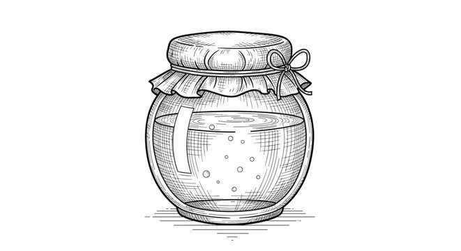 Round glass jar filled with liquid and sealed with a rustic cloth cover tied with a dainty string bow illustration.
