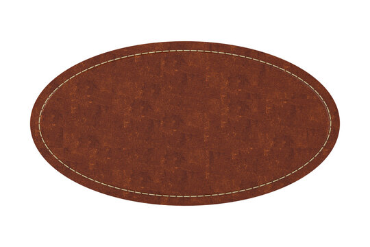 Oval leather patch with white stitching on white background. Isolated 3D illustration