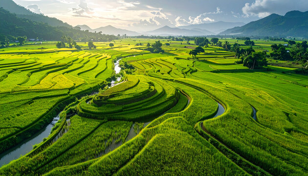 Aerial view of lush green rice terraces under a bright summer sky
