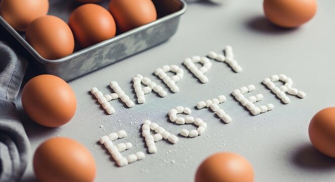 Easter celebration with eggs and greeting