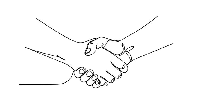Close-up of two hands shaking in agreement, minimalist line art.