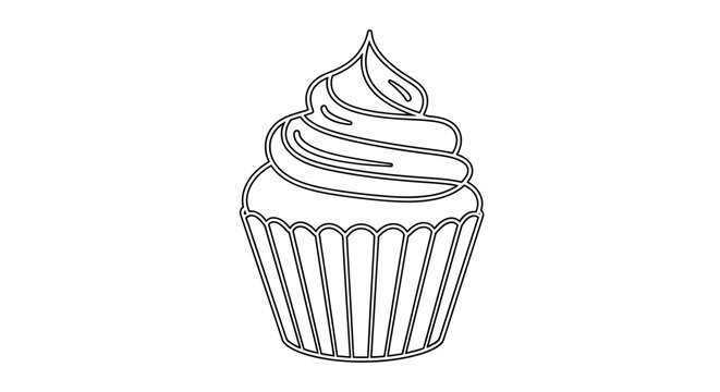 Simple cupcake line art icon, minimalist dessert illustration, black and white outline drawing
