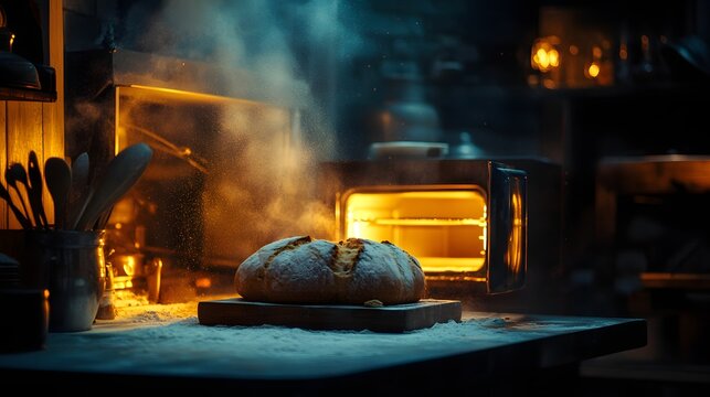 A warm loaf of bread on a baking tray in a dimly lit kitchen with steam rising from the oven in the background at night