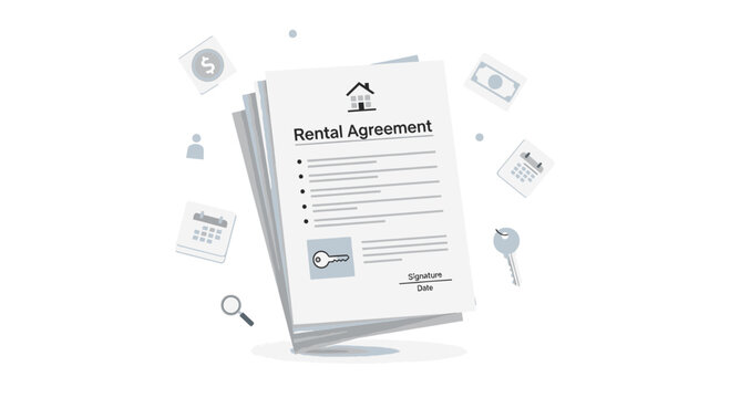 Rental Agreement Document with Key, Money and Calculator Icons - Property Rental Concept