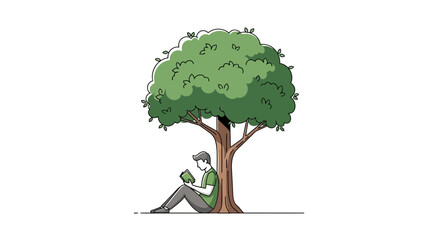 Man Reading Book Under Green Tree, Relaxing Outdoors, Learning and Knowledge Concept © Ulvi
