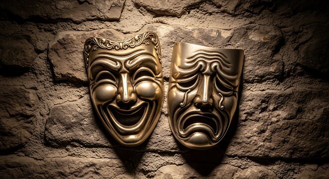 Classical theater masks of comedy and tragedy, representing duality and emotion