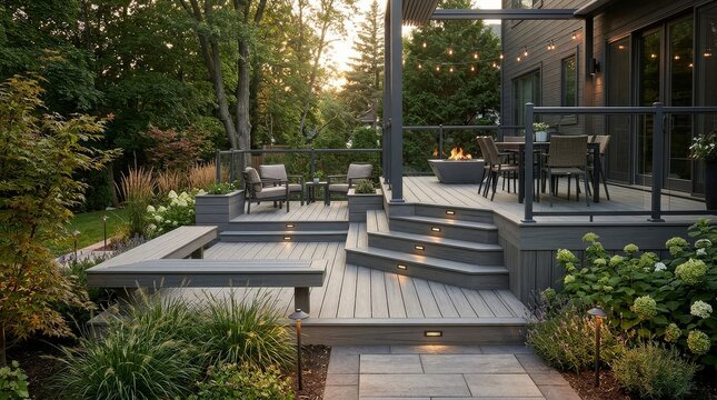 A beautiful modern multi level composite deck with built in seating and steps illuminated by subtle lighting in a lush green backyard at twilight