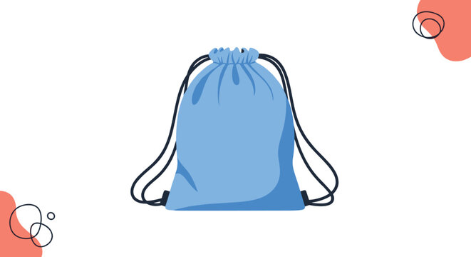 Simple blue drawstring gym bag illustration with black cords designed for sports activities fitness and school storage concepts.