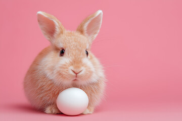 Obraz premium cute, fluffy green bunny sitting and holding a yellow grey easter egg