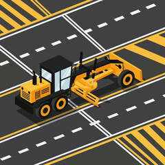 Fototapeta premium Yellow Road Grader Machine Working On Asphalt Highway Construction Site Isometric View