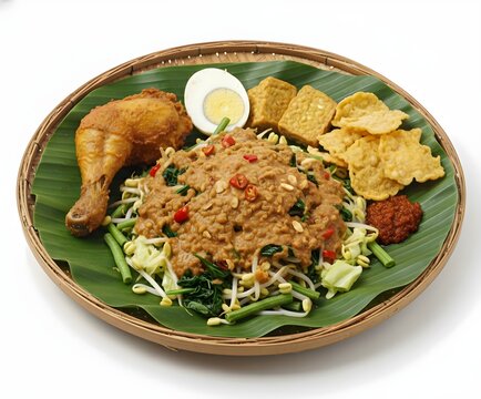 Traditional Indonesian pecel with vegetables, peanut sauce, fried chicken, egg and crackers on banana leaf. Healthy Asian salad concept isolated