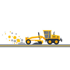 Naklejka premium Yellow Motor Grader Smoothing Road Surface During Construction Project