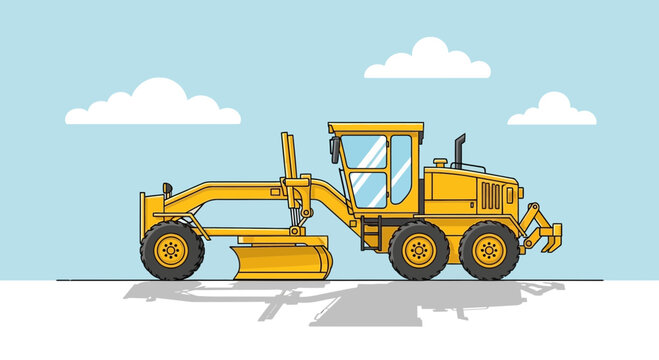 Yellow Motor Grader Machine With Plow On Blue Sky Background