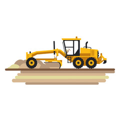 Obraz premium Yellow Motor Grader Working on Ground Leveling Construction Site