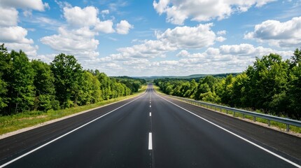 Fototapeta premium A long straight empty asphalt road extending through a lush green forest under a bright blue sky with white clouds on a clear sunny day