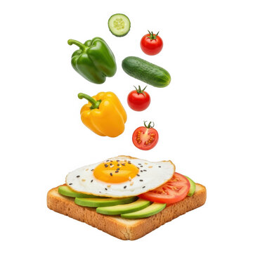 Fresh vegetables and fruits floating above a slice of bread isolated on white background isolated on transparent background