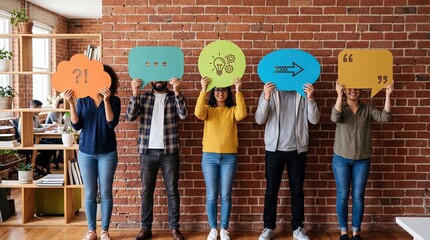 Naklejka premium People Holding Colorful Speech Bubbles Communication Concept