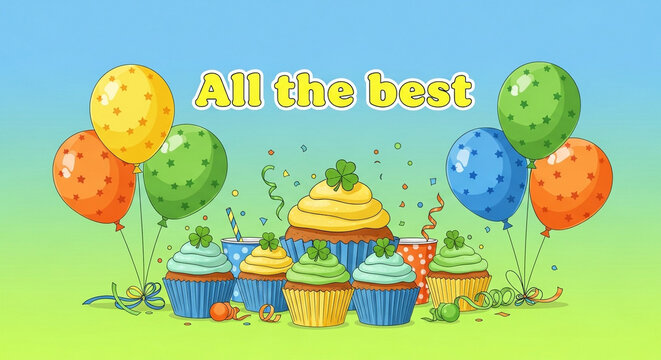 A colorful illustration of cupcakes and balloons with the phrase 'All the best'