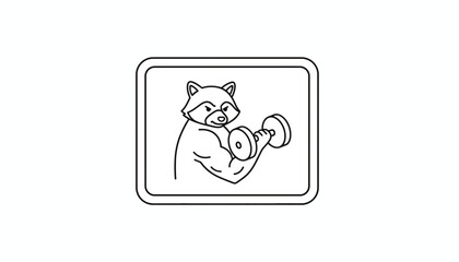 Obraz premium Strong Raccoon Lifting Dumbbell, Fitness Mascot, Cartoon Style Line Art
