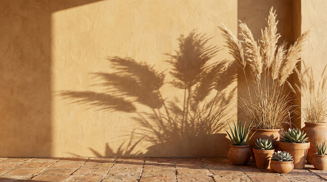 Dry pampas grass and harsh leaf shadows on textured beige wall perfect for warm minimalist bohemian decor concept and summer interior aesthetics