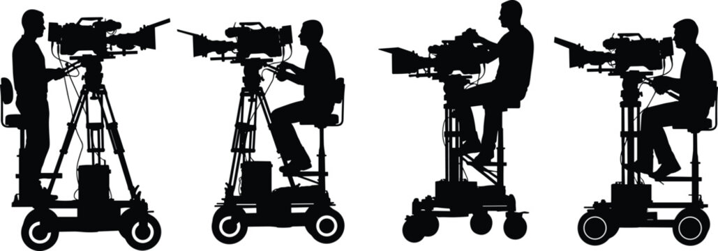 Silhouettes of professional cameramen operating broadcast video cameras on studio dollies, media production crew filming content, television industry equipment isolated on white background
