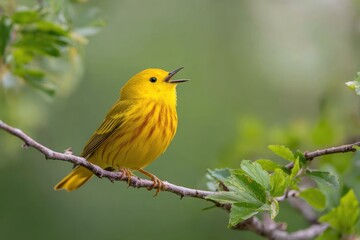 Obraz premium Yellow Warbler Singing on a Sunlit Branch in a Spring Woodland