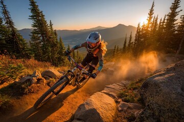 Obraz premium Young woman on a mountain bike descending a rugged forest trail