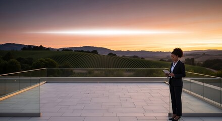 Fototapeta premium Young businesswoman checks her tablet on a modern balcony overlooking vineyards at sunset