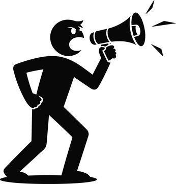 Man shouting megaphone silhouette announcement communication concept. Person with megaphone speaking loud marketing or protest symbol.