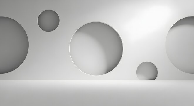 Architectural white wall features a repeating pattern of concave circular indentations casting dramatic shadows under bright directional.