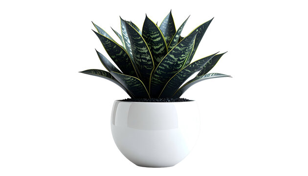 Sansevieria plant in white pot against black background; studio shot
