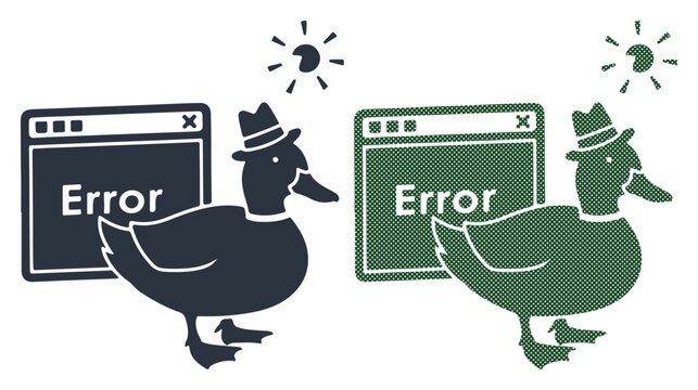 Dapper ducks wearing hats express digital error messages on computer screens.