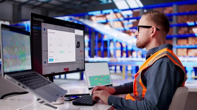 Warehouse Manager Checks Computer Screen
