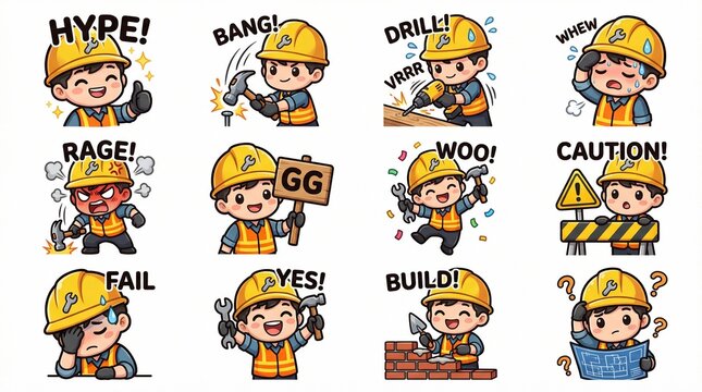 Construction Worker Emote Pack, Kawaii Chibi Builder Twitch & Discord Emotes, Cute Construction Themed Individual PNG Set