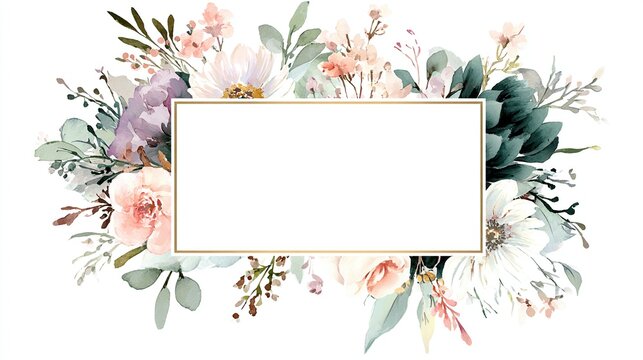Soft watercolor floral rectangle frame with gold border