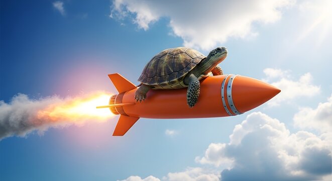 Turtle riding orange rocket space fun