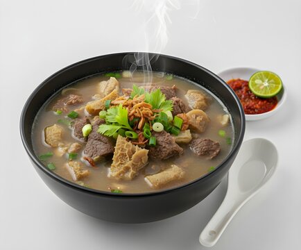 Coto Makassar, Indonesian beef and offal soup with rich spiced broth, herbs, lime and sambal, isolated on white background.