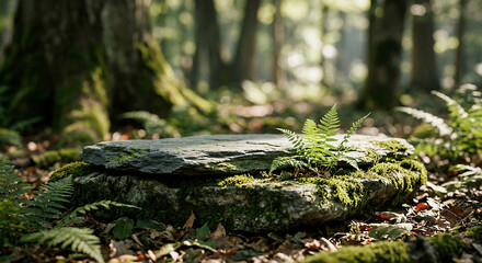 Obraz premium Ancient mossy stone in a lush green sunlit magical forest perfect for a mysterious nature exploration concept and wild jungle discovery adventure