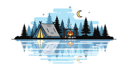 Camping by the lake at night, tent and campfire with reflection in water, starry sky © Andi