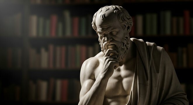 A marble statue of an ancient greek philosopher deep in thought before a blurred library background