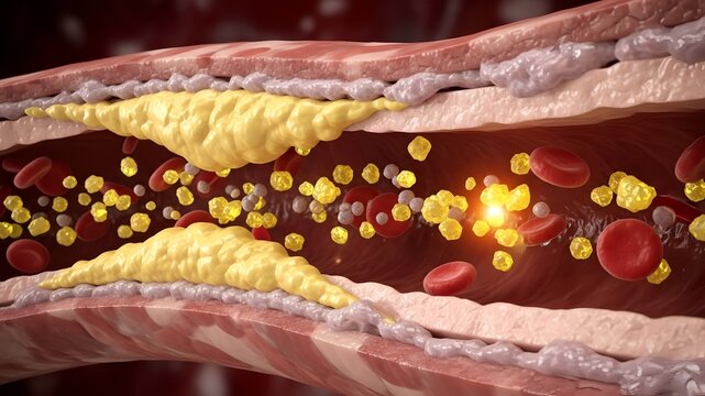 A detailed 3d medical illustration showing severe atherosclerotic plaque buildup inside an artery.
